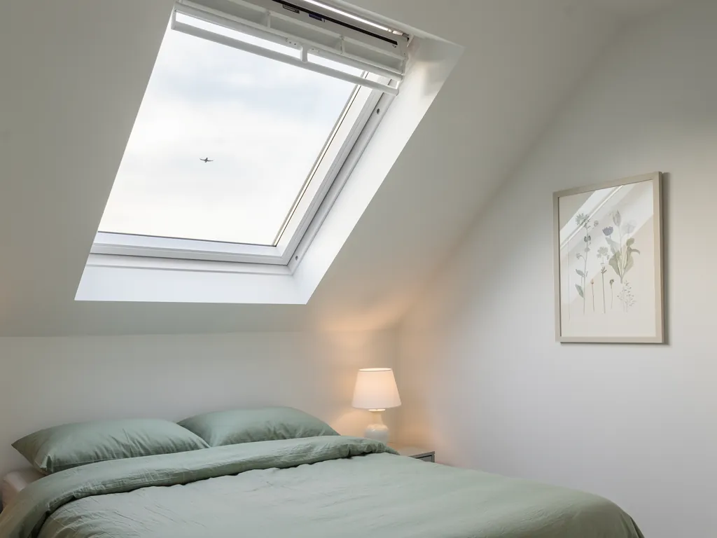 A calm loft bedroom in a Crawley home under a large roof window, pale sky above