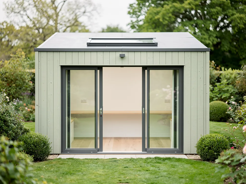 A timber-clad garden office with a rooflight in its roof
