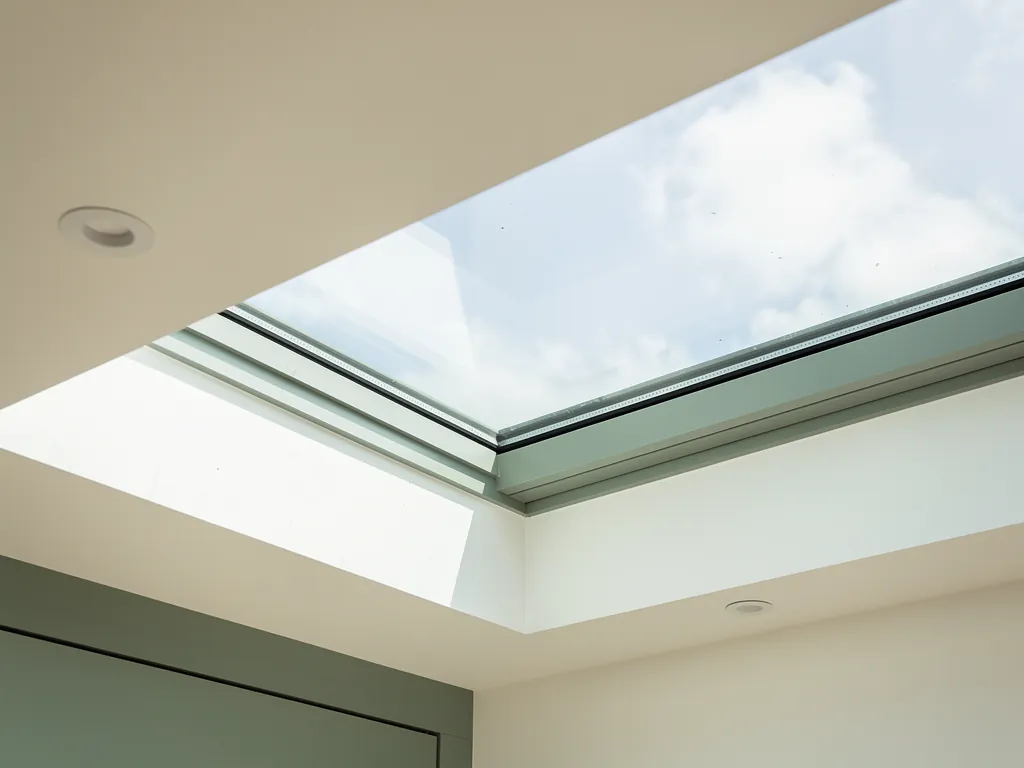 The glass and frame of a flat rooflight seen from below