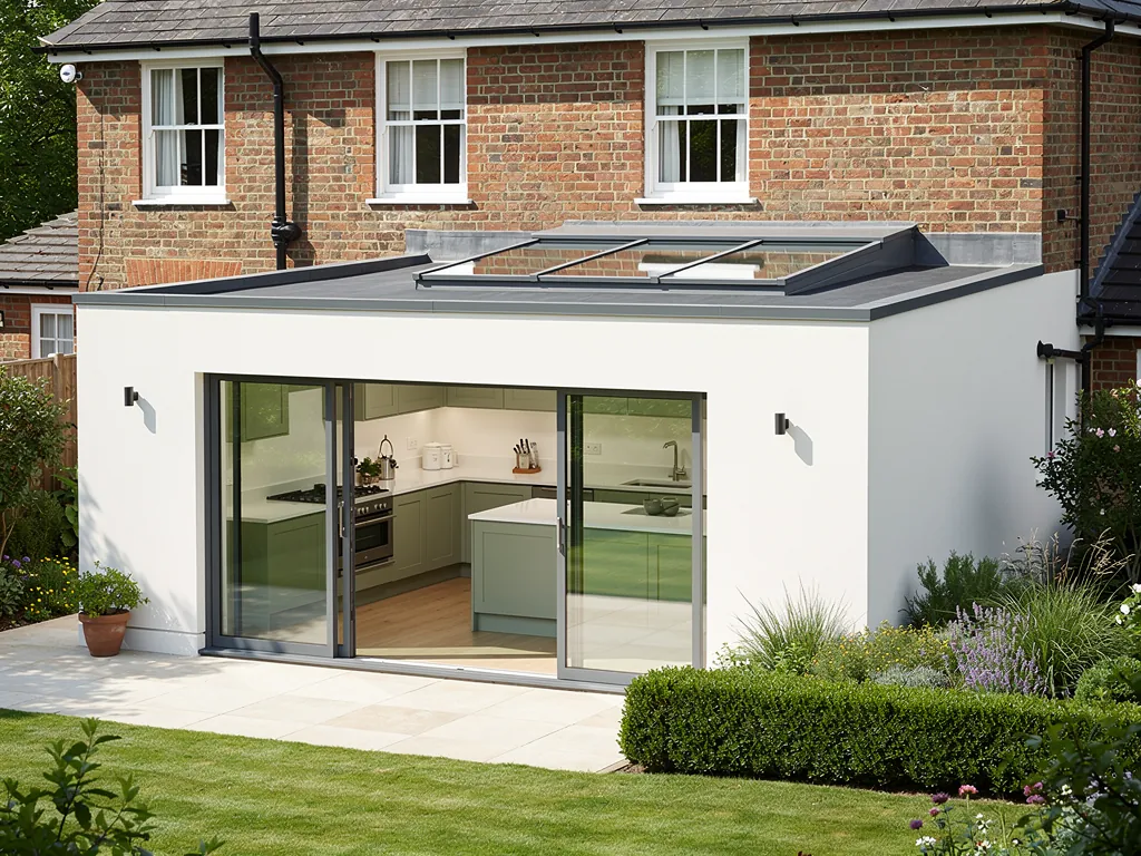 A rear kitchen extension on a brick house, with rooflights on the flat roof