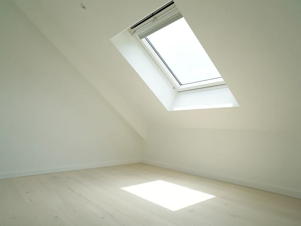 An empty converted loft room lit by a roof window