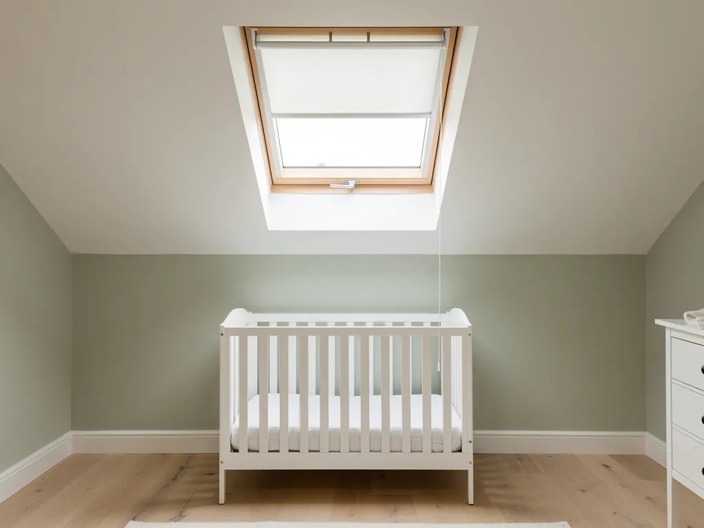 A calm nursery with a cot beneath a roof window