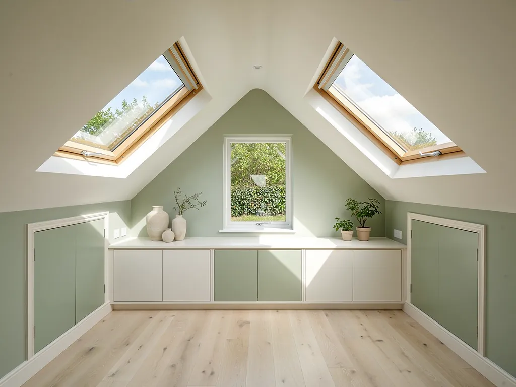 A loft room with two roof windows in the slopes and a gable window