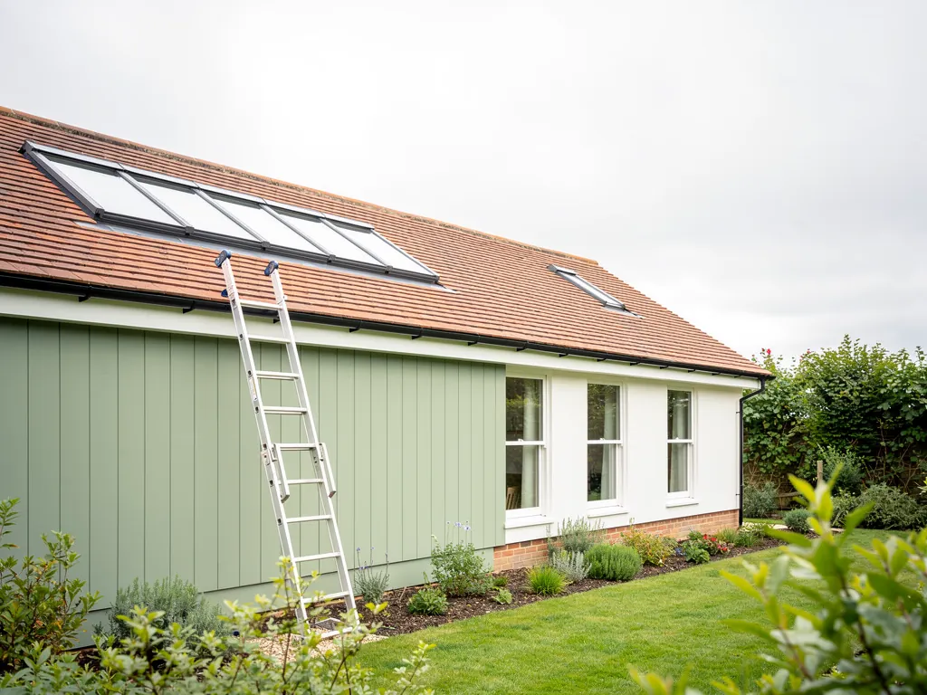 A ladder against a clay-tiled roof with roof windows