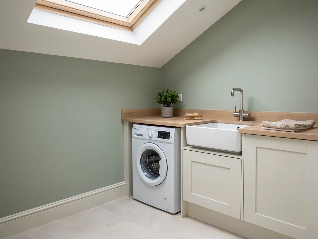 A small utility room lit by a rooflight in a sloping ceiling