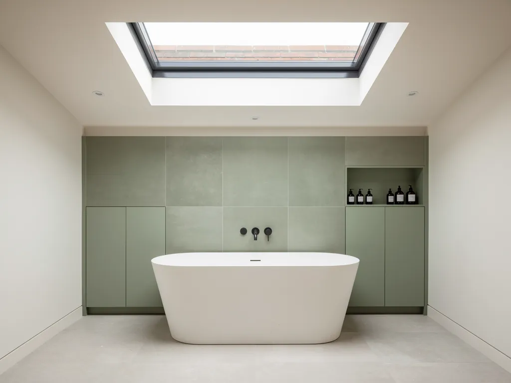 A bathroom with a freestanding bath beneath a flat rooflight