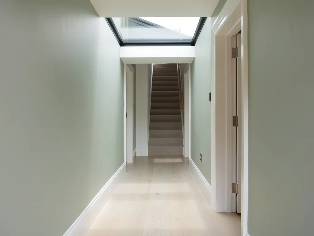A long hallway lit by a flat rooflight at the far end