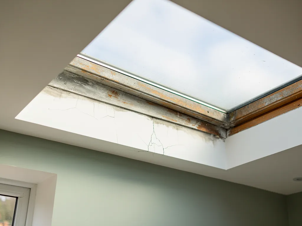 An old rooflight frame with a failed seal and stained edge