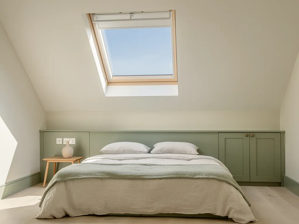 A loft bedroom with a roof window in the sloping ceiling