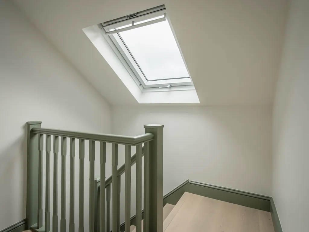 A loft landing lit by a roof window above a sage-painted banister