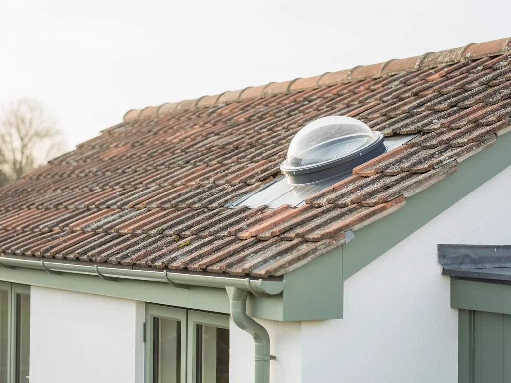 A small sun tunnel dome with neat flashing on a tiled roof