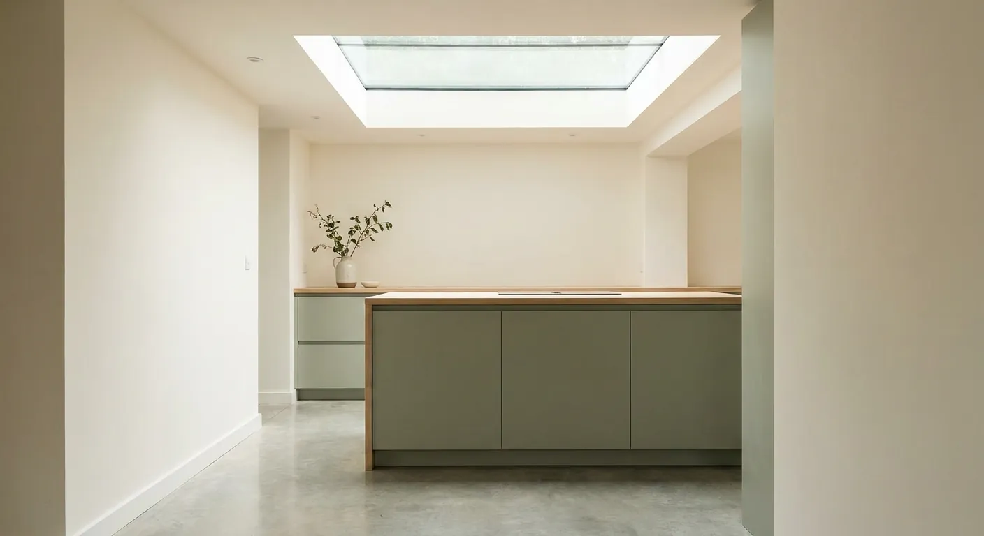 Daylight falling through a flush glass panel set into the ceiling above a kitchen